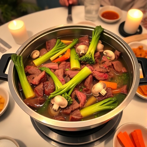 Savory Beef Hot Pot with Fresh Vegetables A delicious beef hot pot with beef slices, bok choy, mushrooms, and carrots in a bubbling broth, set on a table ready for dining.
